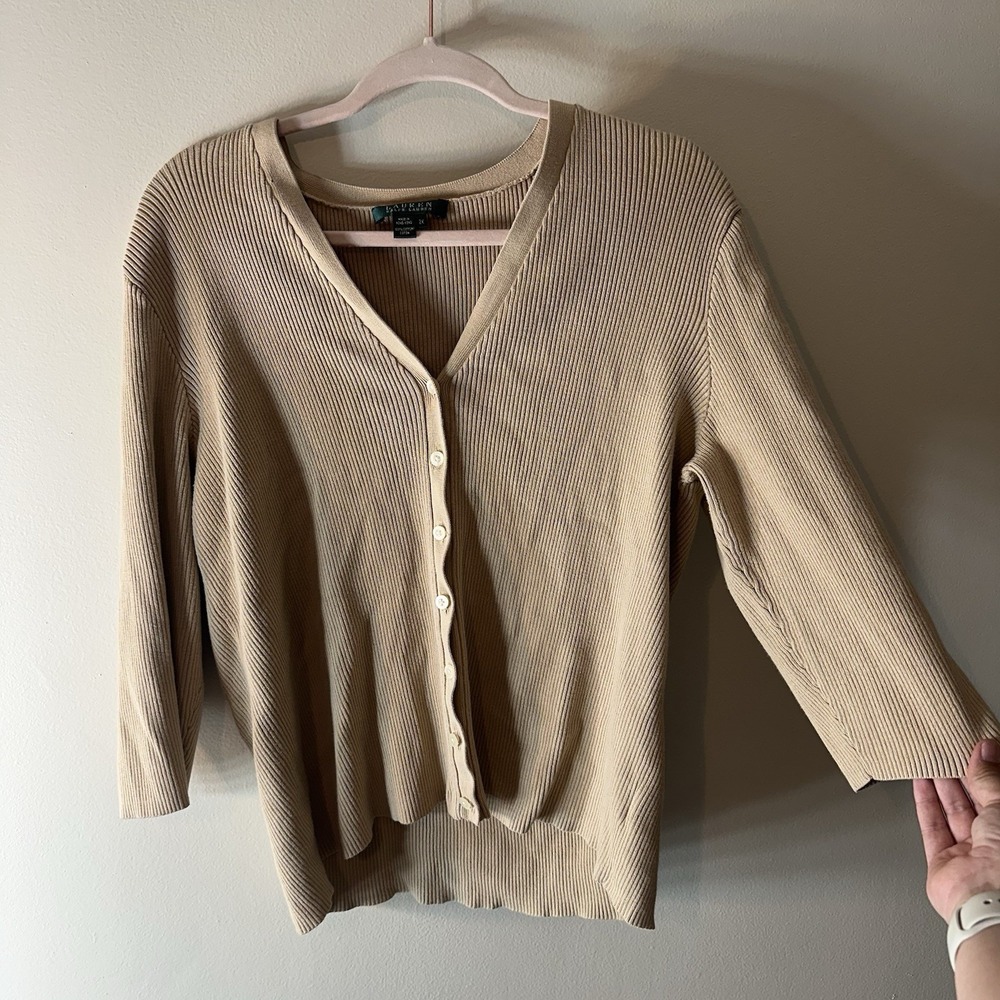 Lauren Ralph Lauren Beige Ribbed Cardigan 3/4 Sleeve Size 2X